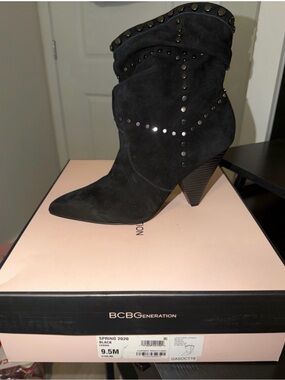 BCBGeneration Black Suede Studded Pointed Toe Ankle Booties